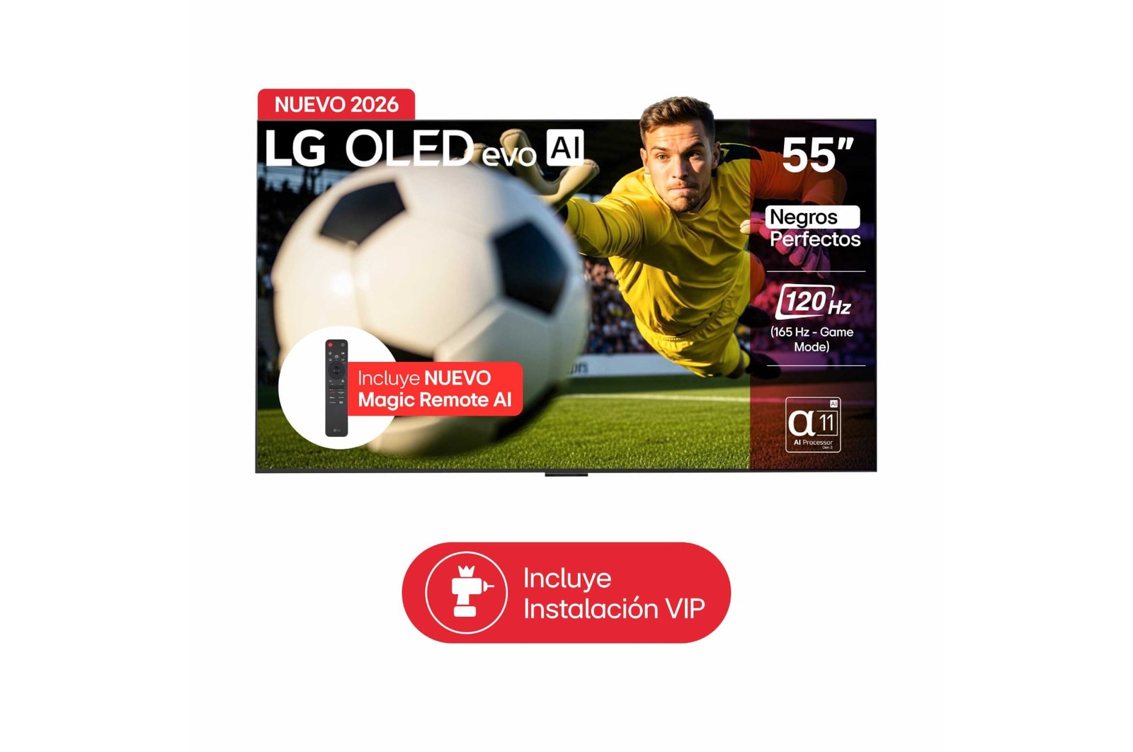 Vista frontal de TV LG 55" OLED evo AI C6 – Imagen perfecta para vivir cada Jugada OLED55C6PSA